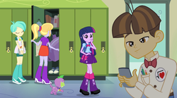Size: 1024x568 | Tagged: safe, screencap, cloudy kicks, spike, tennis match, twilight sparkle, wiz kid, dog, equestria girls, g4, my little pony equestria girls, background human, backpack, badge, bag, bedroom eyes, book, boots, bowtie, bracelet, clothes, high heel boots, iphone, jewelry, lockers, mirror, shoes, skirt, sneakers, spike the dog, tennis ball, this strange world