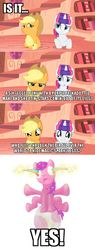 Size: 500x1317 | Tagged: safe, edit, edited screencap, screencap, applejack, rarity, g4, look before you sleep, comic, golden oaks library, hair curlers, looking at you, screencap comic, wat