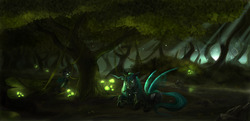Size: 2287x1106 | Tagged: safe, artist:devinian, queen chrysalis, changeling, changeling queen, nymph, pony, spider, g4, crown, female, forest, glowing mushroom, jewelry, mommy chrissy, mushroom, regalia, scenery, slenderman, spider web, tree