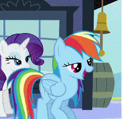 Size: 587x576 | Tagged: safe, rainbow dash, rarity, g4, animated, barrel, bell, female, hoofy-kicks, nose in the air, rearing, train station, uvula, window