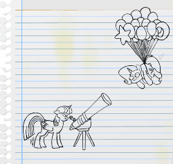 Size: 751x709 | Tagged: safe, artist:luisfdm, pinkie pie, trixie, twilight sparkle, alicorn, pony, unicorn, g4, animated, balloon, egophiliac-ish, female, floating, inconvenient trixie, mare, style emulation, telescope, then watch her balloons lift her up to the sky, twilight sparkle (alicorn), woonoggles