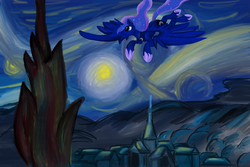 Size: 1500x1000 | Tagged: safe, artist:sahikari, princess luna, g4, female, fine art parody, flying, night, smiling, solo, starry night, the starry night, vincent van gogh