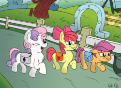 Size: 1100x800 | Tagged: safe, artist:mariokid97, apple bloom, scootaloo, sweetie belle, g4, cutie mark crusaders, outdoors, saddle bag, school