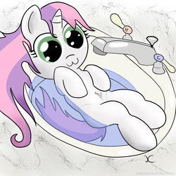 Size: 2000x2000 | Tagged: safe, artist:kinkycelestia, sweetie belle, pony, unicorn, g4, :3, anatomically incorrect, bath, cute, dilated pupils, female, filly, fluffy, incorrect leg anatomy, on back, sink, smiling, solo, water, wet, wet mane