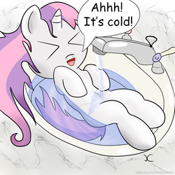 Size: 2000x2000 | Tagged: safe, artist:kinkycelestia, sweetie belle, pony, unicorn, g4, :d, >.<, anatomically incorrect, bath, cute, dialogue, diasweetes, female, filly, fluffy, incorrect leg anatomy, on back, open mouth, sink, smiling, solo, water, wet, wet mane
