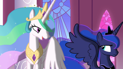 Size: 1280x720 | Tagged: safe, screencap, princess celestia, princess luna, alicorn, pony, g4, the crystal empire, female, frown, mare, open mouth, shading, sisters, smiling, spread wings, stained glass