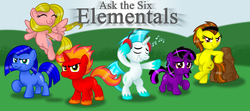 Size: 1024x454 | Tagged: safe, artist:aleximusprime, oc, oc only, oc:agua, oc:cryo, oc:gem, oc:pyro, oc:terra, oc:typhoon, askthesixelementals, banner, bipedal, cute, earth, fire, headphones, ice, plasma, tumblr, water, wind