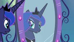 Size: 1920x1080 | Tagged: safe, screencap, princess luna, alicorn, pony, equestria girls, g4, female, magic mirror, mare, mirror, open mouth, reflection, solo