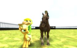 Size: 900x563 | Tagged: safe, artist:okamitakahashi, applejack, earth pony, pony, g4, 3d, crossover, epona, female, gmod, humans riding ponies, legend of zelda: twilight princess, link, mare, nintendo, ponified, riding, super smash bros., the legend of zelda, the legend of zelda: the wind waker, the legend of zelda: twilight princess, toon link