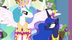 Size: 1280x720 | Tagged: safe, screencap, princess celestia, princess luna, alicorn, pony, g4, magical mystery cure, canterlot castle, celestia's ceremonial crown, clothes, coronation dress, crown, dress, duo, eye contact, female, happy, lidded eyes, looking at each other, luna's ceremonial crown, mare, royal sisters, siblings, sisters, smiling, spread wings, wings