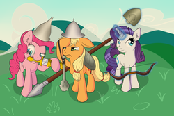 Size: 1095x730 | Tagged: safe, artist:xonxt, applejack, pinkie pie, rarity, g4, bow (weapon), spear, sword, the bogatyrs, vastetsov