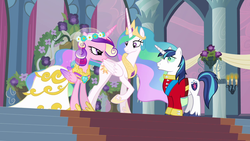 Size: 1280x720 | Tagged: safe, screencap, princess celestia, queen chrysalis, shining armor, alicorn, changeling, pony, unicorn, a canterlot wedding, g4, angry, clothes, disguise, disguised changeling, dress, fake cadance, female, male, mare, stallion, wedding dress