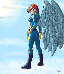 Size: 1200x1400 | Tagged: safe, artist:shinzm, rainbow dash, human, g4, boots, clothes, female, gloves, hand on hip, humanized, looking back, shoes, solo, winged humanization, wings, wonderbolts, wonderbolts uniform
