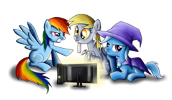 Size: 900x524 | Tagged: safe, rainbow dash, trixie, pegasus, pony, unicorn, g4, controller, female, mare, simple background, spread wings, television, transparent background, trio, trio female, wii remote, wings, xbox 360