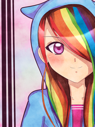 Size: 600x800 | Tagged: safe, artist:sparkl3z, rainbow dash, human, g4, clothes, female, hoodie, humanized, solo