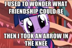 Size: 680x461 | Tagged: safe, twilight sparkle, g4, arrow in the knee (meme), female, image macro, meme, nostalgia, ouch, solo, theme song