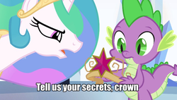 Size: 753x428 | Tagged: safe, princess celestia, spike, equestria girls, g4, big crown thingy, caption, crown, image macro, tell me your secrets