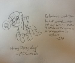 Size: 1024x863 | Tagged: safe, artist:mscorte, derpy hooves, pegasus, pony, g4, female, john f. kennedy, mare, muffin, quote, solo, traditional art