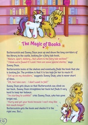 Size: 500x712 | Tagged: safe, butterscotch (g3), sunny daze (g3), g3, official, sparkle world, blushing, book, bookshelf, comic, text, the magic of books, walking