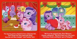 Size: 1148x582 | Tagged: safe, butterscotch (g3), kimono, pinkie pie, rose blossom, twinkle twirl, earth pony, pony, g3, g4, official, book, christmas, clothes, female, filly, foal, hat, heart, heart eyes, holiday, mare, rose blossom's first christmas, santa hat, scarf, text, wingding eyes