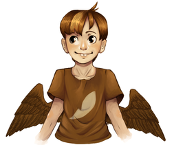 Size: 598x505 | Tagged: safe, artist:waterhen, featherweight, human, g4, background pony, bucktooth, clothes, humanized, male, shirt, solo, winged humanization
