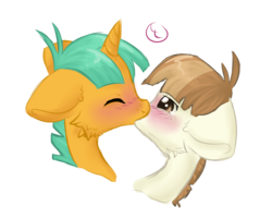 Size: 1000x800 | Tagged: dead source, safe, artist:smoortie, featherweight, snails, pegasus, pony, unicorn, g4, blushing, colt, eyes closed, feathersnails, foal, gay, kiss on the lips, kissing, male, shipping, simple background, transparent background