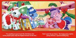 Size: 1162x581 | Tagged: safe, artist:carlo loraso, kimono, mistletoe (g3), rose blossom, snowflake (g3), g3, official, book, candy cane, christmas, christmas tree, clothes, hat, hug, mittens, rose blossom's first christmas, scarf, text, tree
