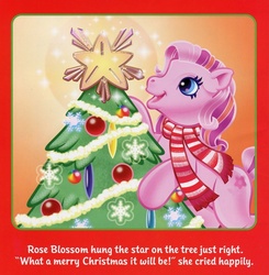 Size: 580x591 | Tagged: safe, artist:carlo loraso, rose blossom, g3, official, book, christmas, christmas tree, clothes, holiday, ornaments, rose blossom's first christmas, scarf, starry eyes, stars, text, tree, wingding eyes