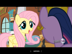 Size: 1280x960 | Tagged: safe, screencap, fluttershy, twilight sparkle, g4, keep calm and flutter on, camera, fourth wall, hub logo, hubble, meme, the hub, youtube caption