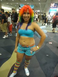 Size: 960x1280 | Tagged: safe, rainbow dash, human, g4, bandeau, belly button, clothes, cosplay, fan expo canada, irl, irl human, midriff, photo