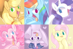 Size: 1500x1000 | Tagged: safe, artist:sion, applejack, fluttershy, pinkie pie, rainbow dash, rarity, twilight sparkle, g4, heart, mane six, pixiv, tongue out