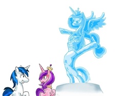 Size: 1024x768 | Tagged: safe, artist:maikeruto, princess cadance, shining armor, g4, cadance is not amused, epic wife tossing, fastball special, sculpture, statue, unamused