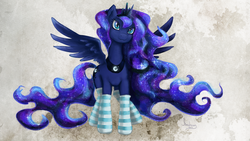 Size: 1920x1080 | Tagged: safe, artist:shaadorian, princess luna, g4, clothes, female, socks, solo, striped socks, wallpaper