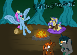 Size: 700x500 | Tagged: safe, artist:wryte, oc, oc only, oc:songbreeze, earth pony, pegasus, pony, unicorn, campfire, clothes, crying, everfree forest, glasses, newbie artist training grounds, singing, sunglasses