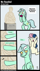 Size: 1024x1800 | Tagged: safe, artist:hardcyder, bon bon, lyra heartstrings, sweetie drops, g4, accidental vandalism, bon bon is not amused, comic, oops, statue