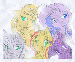 Size: 600x500 | Tagged: dead source, safe, artist:loyaldis, princess golden light, princess silver swirl, rarity, sunset shimmer, twilight sparkle, pony, unicorn, g2, g4, twilight sparkle (alicorn)