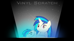 Size: 1920x1080 | Tagged: safe, artist:silentmatten, dj pon-3, vinyl scratch, pony, unicorn, g4, cutie mark, female, hooves, horn, mare, smiling, solo, stars, text, vector, wallpaper