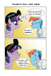 Size: 1024x1526 | Tagged: safe, artist:davidwev, rainbow dash, twilight sparkle, alicorn, pony, g4, clothes, comic, director, dress, female, mare, shipper on deck, twilight sparkle (alicorn)