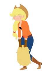 Size: 1100x1738 | Tagged: safe, artist:cosmicponye, applejack, human, g4, applejack's hat, carrying, cowboy hat, eyes closed, female, hat, humanized, solo, working