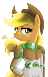 Size: 591x945 | Tagged: safe, artist:taekwon-magic, applejack, earth pony, semi-anthro, g4, cowboy hat, crossover, drivesuit, female, hat, hay, pacific rim, simple background, solo, stetson