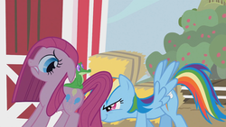 Size: 1280x720 | Tagged: safe, screencap, gummy, pinkie pie, rainbow dash, pony, g4, party of one, out of context, pinkamena diane pie, pushing, rapeface, rump push, spread wings, trio, wingboner, wings