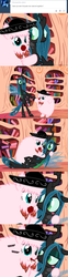 Size: 650x2625 | Tagged: safe, artist:mixermike622, queen chrysalis, oc, oc:fluffle puff, tumblr:ask fluffle puff, g4, comic, dancing, nom, rose, saucy salsa, tumblr