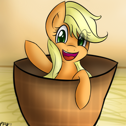 Size: 1500x1500 | Tagged: safe, artist:freefraq, applejack, earth pony, pony, g4, cup of pony, female, looking at you, micro, solo, waving