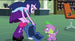 Size: 636x352 | Tagged: safe, screencap, spike, twilight sparkle, dog, equestria girls, g4, backpack, spike the dog