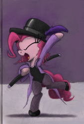 Size: 541x800 | Tagged: safe, artist:hewison, pinkie pie, earth pony, pony, g4, bipedal, cane, clothes, dancing, female, hat, saloon dress, saloon pinkie, solo, tuxedo