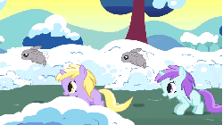 Size: 853x480 | Tagged: safe, screencap, dinky hooves, liza doolots, petunia, tootsie flute, pony, rabbit, unicorn, g4, season 1, winter wrap up, animated, cute, dinkabetes, female, filly, jumping, male, pronking, snow, tootsie cute