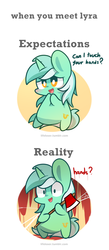 Size: 500x1150 | Tagged: safe, artist:php56, lyra heartstrings, pony, unicorn, g4, axe, bipedal, comparison, creepy, expectation vs reality, female, hand, humie, open mouth, shrunken pupils, smiling, solo, that pony sure does love hands, wide eyes, yandere