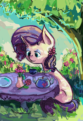 Size: 679x992 | Tagged: safe, artist:berryden, rarity, pony, unicorn, g4, cottagecore, cup, female, flower, flower in hair, mare, plant, sitting, solo, teacup, teapot, tree