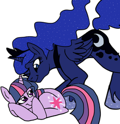 Size: 574x591 | Tagged: dead source, safe, artist:enigmaticfrustration, princess luna, twilight sparkle, alicorn, pony, unicorn, g4, crown, duo, ethereal hair, ethereal mane, ethereal tail, female, folded wings, hoof shoes, jewelry, leaning, lesbian, looking at each other, looking at someone, lying down, mare, one eye closed, peytral, princess shoes, prone, regalia, ship:twiluna, shipping, simple background, sparkly mane, sparkly tail, starry mane, starry tail, tail, tiara, unicorn twilight, white background, wings, wink
