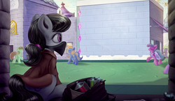 Size: 1864x1080 | Tagged: safe, artist:subjectnumber2394, octavia melody, earth pony, pony, fanfic:exit through canterlot, g4, alley, canterlot, fanfic, fanfic art, female, flanksy, hilarious in hindsight, mare, mask, spray paint, street